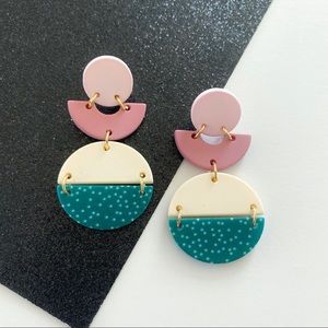 Trendy Geometric Statement Earrings - Pink/Green